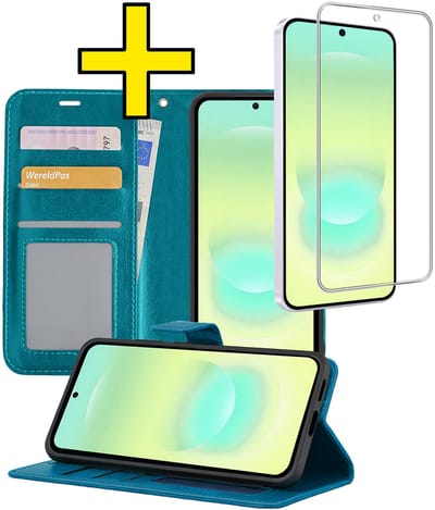 Hoesje - Met Screenprotector - Geschikt voor Samsung Galaxy A37 - Luxe Pasjeshouder - Bookcase Portemonee - Flip Case - Kunstleer Book Case - Flipcase - Book Cover - Walletcase - Portemonneehoes - Telefoonhoesjes - Turquoise