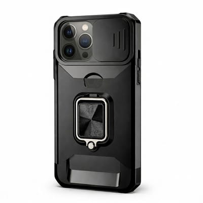 Zwart telefoon hoesje geschikt voor iPhone 13 Pro – robuuste backcover case dames en heren – schokbestendig ontwerp met metalen standaard en kaarthouder