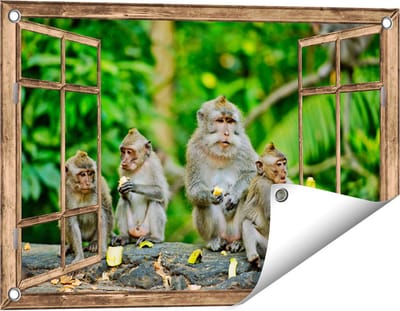 Gards Tuinposter Doorkijk Groep Apen Eten Bananen in het Bos - 60x40 cm - Tuindoek - Tuindecoratie - Wanddecoratie buiten - Tuinschilderij