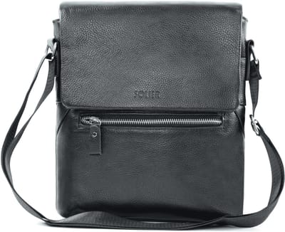 Solier Tarron - Leren heren crossbodytas - Mat echt leer - Verstelbare schouderriem - Zwart