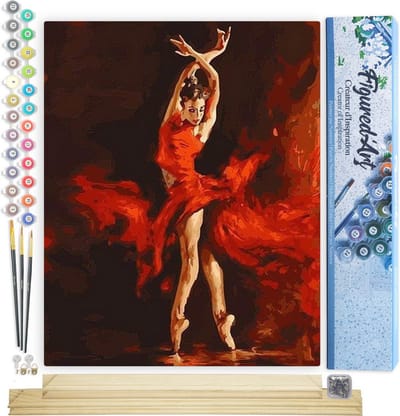 Figured'Art Schilderen op Nummer Volwassenen canvas Magische Rode Danser - Handwerk acrylverf Kit DIY Compleet - 40x50cm met DIY houten lijst