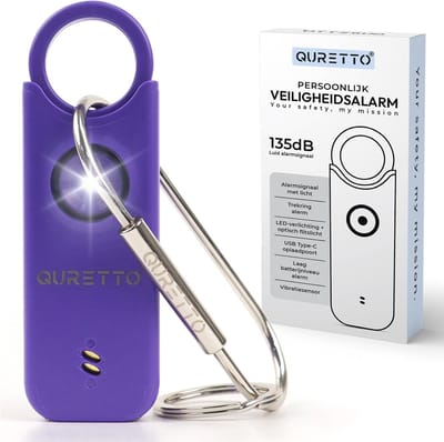 QURETTO® Persoonlijk Alarm 135 dB met Vibratiesensor – Inbraak- & Noodalarm – Veiligheidsalarm Sleutelhanger – Voor Vrouwen, Ouderen & Kinderen – Zelfverdediging & Wolvenverjager – USB-C Oplaadbaar met LED Zaklamp – Alarmknop