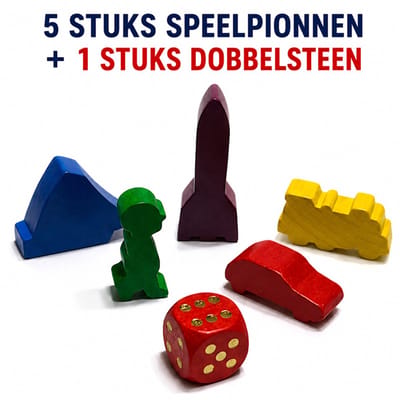Decopatent - 5 STUKS Speelpionnen + 1 STUKS Dobbelsteen - Geschikt voor diverse Bordspellen - Houten Speelpionnen Set met Dobbelsteen - Kleurrijke Houten Figuren: Auto, Raket, Trein, Berg en Speelpop