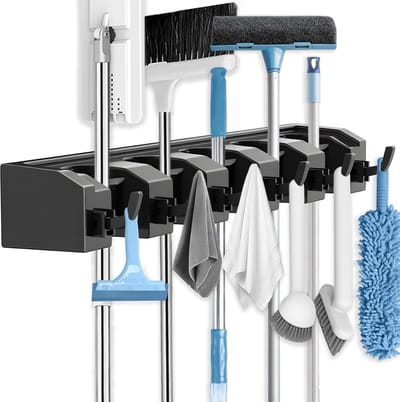 Dailygoods- Bezemhouder - Wandbeugel met 5 houders/6 haken - Gereedschapshouder - Schokbestendig - ABS kunststof - Muurbevestiging zonder boren - Tuinhouder
