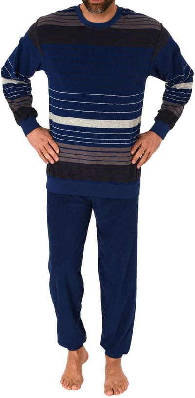 Heren badstof pyjama lange mouw met manchetten in gestreepte look