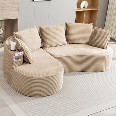 OKWISH Hoekbank 250 x 152 cm - Met Bekerhouders, Zijvakken En Kussen - Voor Woonkamer Of Slaapkamer - Corduroy - Khaki