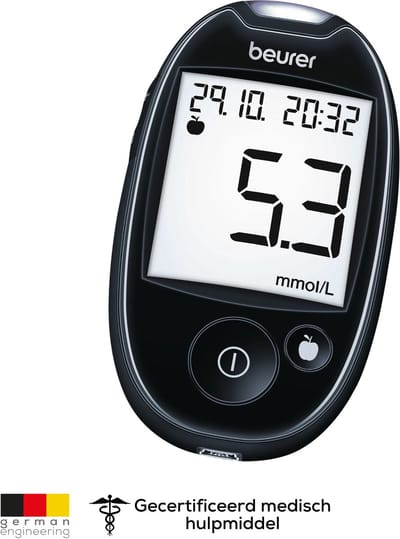 Beurer GL 44 Black mmol/l Bloedsuikermeter - Bloedglucose meter - Licht - Incl. prikhulp, 10 test strips, 10 lancetten, batterijen & etui, USB kabel - App beurer HealthManager Pro - 5 Jaar garantie