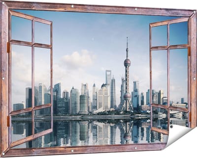 Gards Tuinposter Doorkijk Shanghai Skyline in China - 150x100 cm - Tuindoek - Tuindecoratie - Wanddecoratie buiten - Tuinschilderij