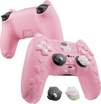 Siliconen Controller Cover met Joysticks & Stickers voor PS5 - Antislip Beschermhoes Roze Katten Design