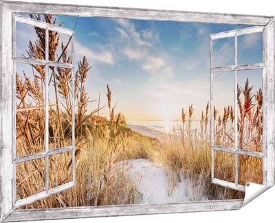Gards Tuinposter Doorkijk Strand en Zee vanuit Duinen met Zonsondergang - 180x120 cm - Tuindoek - Tuindecoratie - Wanddecoratie buiten - Tuinschilderij
