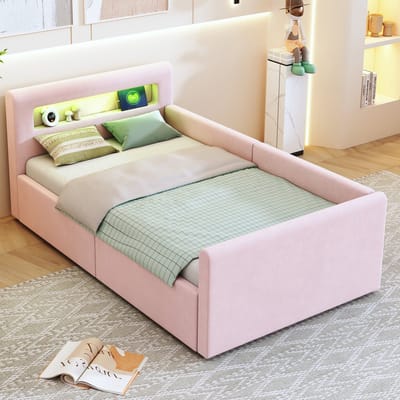 Sweiko Kinderbed - 90 x 200 cm - LED-verlichting - USB-oplaadpoort - Opbergruimte - Velvet - Roze