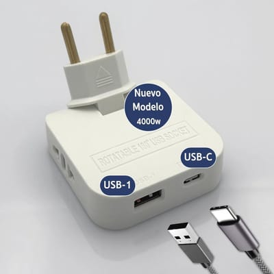 Platte wandadapter met 2 schuko-uitgangen en 2 USB-poorten - Drievoudige compacte 4000 W connector voor thuis en op kantoor in wit