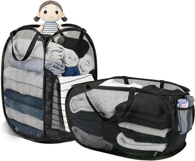 Duurzame Vouwbare Wasmanden van Mesh met Handige Pocket - Grote Wasmand voor Badkamer, Studentenhuis en Reizen