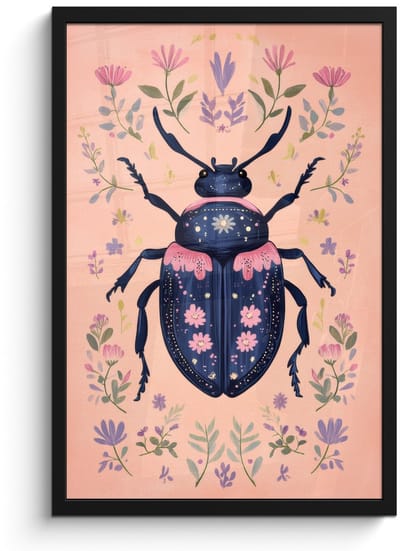 Poster in lijst - Fotolijst 40x60 cm - Posters - Kever - Donkerblauw - Bloemen - Sierlijk - Posterlijst zwart - Decoratie - Wanddecoratie woonkamer - Muurdecoratie slaapkamer