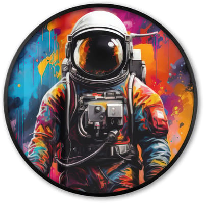 Poster in lijst Rond - Fotolijst 60x60 cm - Posters - Astronaut - Graffiti - Zwart - Kleuren - Ronde posterlijst zwart - Decoratie - Wanddecoratie woonkamer - Muurdecoratie slaapkamer