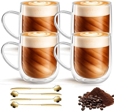 Dubbelwandige Latte Macchiato glazen set van 4, 350 ml, thermoglazen voor cappuccino, thee en espresso met handvat en lepels