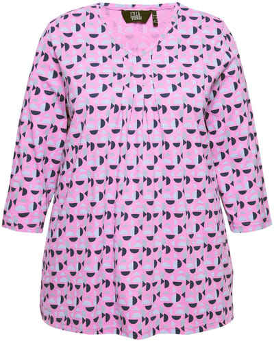 Ulla Popken - Dames - T-shirt A-lijn V-hals decoratieve plooien 3/4-mouwen - Amethist - Maat 46+