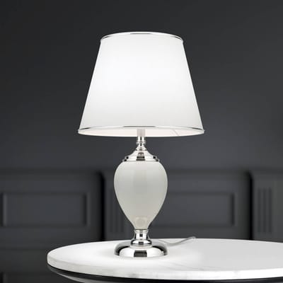 ORION Ovum tafellamp, wit/chroom, hoogte 48 cm, keramiek/chintz