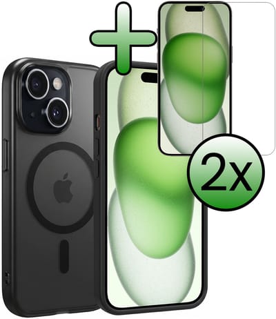 Hoesje Met 2x Screenprotector - Geschikt voor Apple iPhone 15 - Magsafe Compatible - Sterk & Shockproof - Back Cover - Shock Proof Case - Telefoon Hoes - Zwart