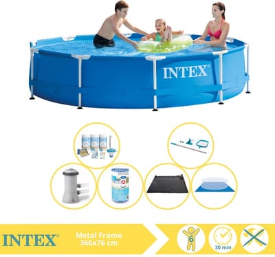 Intex Rond Frame Zwembad - 366 x 76 cm - Blauw - Inclusief Pomp - Onderhoudspakket - Filter - Grondzeil - Schoonmaakset - Solar Mat - 7-delig
