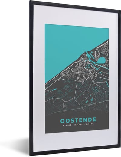 Fotolijst incl. Poster - België – Oostende – Stadskaart – Kaart – Blauw – Plattegrond - 40x60 cm - Posterlijst
