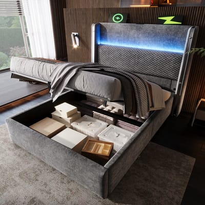 Eenpersoonsbed 90x200cm - met hoge rugleuning - LED-verlichting - opbergruimte en USB/Type-C-poorten - grijs - zonder matras