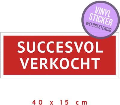 Vastgoed vinyl sticker | "Succesvol verkocht" | 40 x 15 cm | Immobiliën | Immo | Verkopen | Immobord | Huis te koop | Stickers | Zelfklever | Weerbestendig | 1 stuk