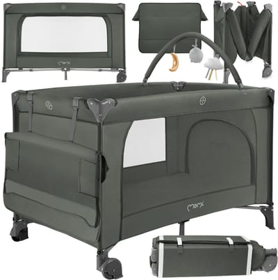 MoMi BELOVE PLUS Reisbedje & Campingbedje - 2 Niveaus - Met Verschoonblad, Speelboog & Matras - Vanaf Geboorte tot 15 kg - Groente