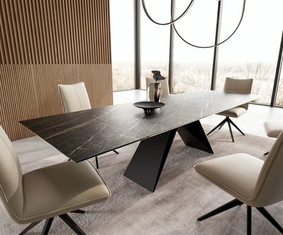 Eetkamertafel Edge keramiek Laminam®Noir Desir bruin 200-300x100 V-frame vlak staal zwart uitschuifbaar