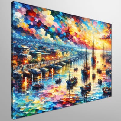 Acryl haven schilderij | Maritieme meesterwerk: Vibrerende havenlandschap in levendige acrylverf | Kunst - 100x100 centimeter op Canvas | Foto op Canvas