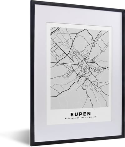 Fotolijst incl. Poster Zwart Wit- Plattegrond – Eupen – Zwart Wit – Stadskaart - Kaart - 30x40 cm - Posterlijst