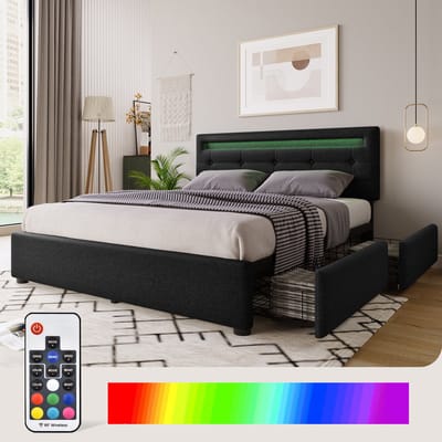 KOMHTOM Tweepersoonsbed 140x200cm Bed met laden In hoogte verstelbaar met LED-verlichting en 4 laden Zwart