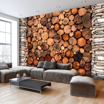 200cm X 140cm - Fotobehang -Houtstapel, premium print vliesbehang