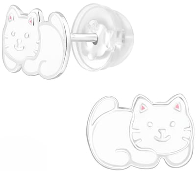 Joy|S - Zilveren kat poes oorbellen - 9.3 x 6.5 mm - wit met roze oortjes - kinderoorbellen - extra zachte sluiting (vlindersluiting met siliconen omhulsel)