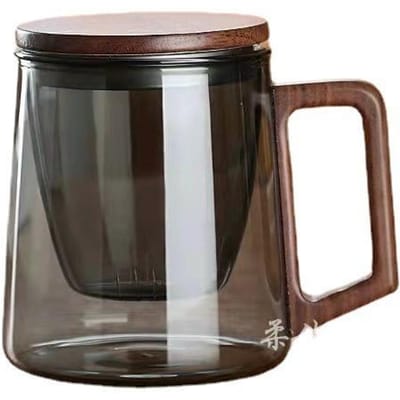 Glazen Thee Water Scheiding Thee Ceremonie Kop met Deksel Grote Capaciteit Rookgrijs Houten Handvat Kantoor Kop Huis Mannen Cadeau Thee Zet Kop 301-400ml black