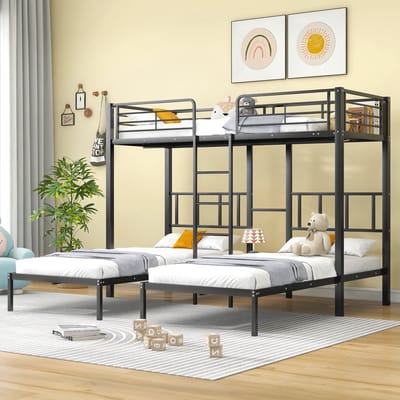 Driepersoonsbed 90x200 cm - kinderbed met ladder - stapelbed - met veiligheidsrail en bureau - zwart - zonder matras