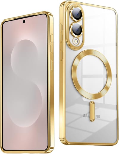 Telefoonhoesje Geschikt voor Samsung Galaxy S25 Edge – Siliconen Hoes met Chroom – Compatibel met MagSafe – Geïntegreerde Camerabescherming – Goud – FuturiQ