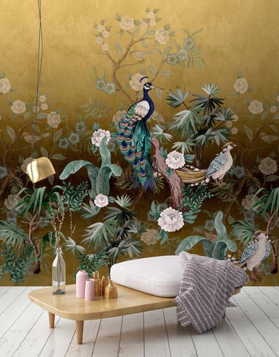 Fotobehang peacockisland3 DD122956 Livingwalls Walls by Patel 3 Geel Groen Vlies 270 x 400 cm (4 delen) Fotobehang online webshop