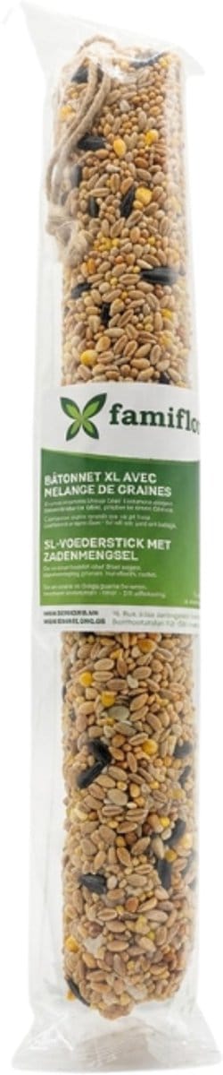 Famiflora XL Voederstick met zadenmengsel - 400g - 100% Natuurproduct - Composteerbaar - Extra groot formaat (400g) - Composteerbare houten kern - Makkelijk op te hangen