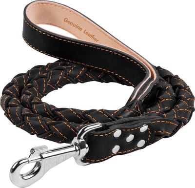 WAUDOG Classic Hondenriem - Gevlochten (rond) - Leder - Zwart - Diameter: 28 mm - Lengte: 122 cm