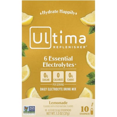 Ultima Replenisher, 6 Essentiële Elektrolyten, Dagelijkse Elektrolytendrankmix, Limonade, 10 Zakjes, 0,13 oz (3,7 gr)