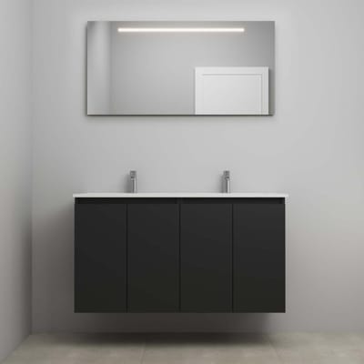 On-Line Badkamermeubelset - 120 cm - Bouwpakket - Greeploos 4 Deuren - Porseleinen Wastafel - 2 Kraangaten - Spiegel met LED-Verlichting - Mat Zwart