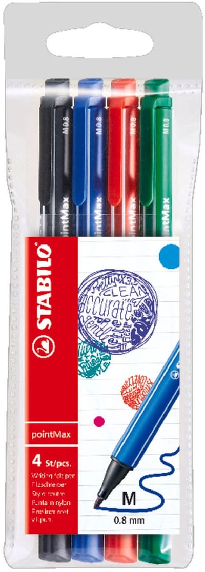 STABILO pointMax - Hardtip Fineliner 0,8 mm - Nylon Punt - Etui Met 4 Kleuren