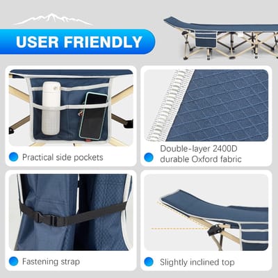 Veldbed met Matras Opvouwbaar Extra Groot 190 x 71 x 36 cm – Campingbed Volwassenen tot 250 kg – Stevig Stalen Frame, 2400D Oxford Stof, Draagbaar Logeerbed met Zijvak & Draagtas