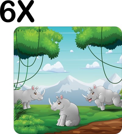 Luxe Placemat - Vrolijke Neushoorns in het Bos - Getekend - Set van 6 Placemats - 50x50 cm - 2 mm dik Vinyl - Anti Slip - Afneembaar