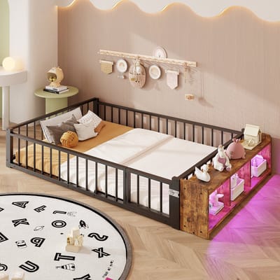 PHOEBE CAT Kinderbed - 140 x 200 cm - Metalen bed - LED-verlichting - Met veiligheidshek - Opbergkast - Zwart
