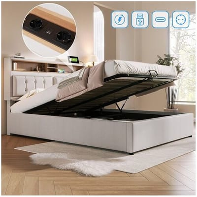 Merax Opbergbed 140 x 200 cm met opberghoofdeinde - USB & C-aansluiting - linnen stof - beige