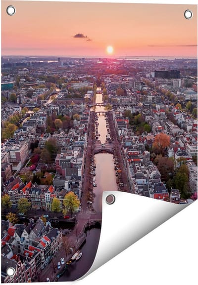 Gards Tuinposter Bovenaanzicht Amsterdam met Zonsondergang - 40x50 cm - Tuindoek - Tuindecoratie - Wanddecoratie buiten - Tuinschilderij