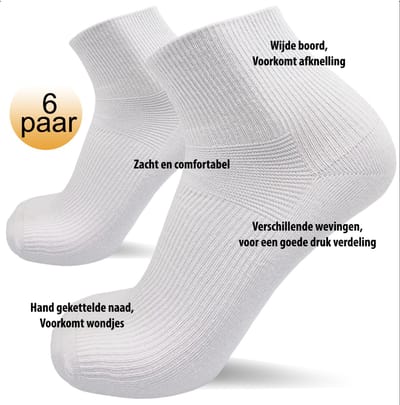 Nakkie's - Korte medische sokken - 6 paar - Wit - Maat 47/50 - wijde boord - Diabetes sokken - Quarter sokken - Lage sokken - Korte sokken