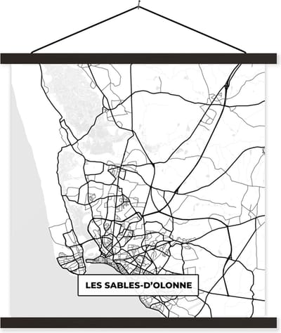 Posterhanger incl. Poster 60x60 cm - Schoolplaat - Frankrijk - Kaart - Les Sables-D'olonne - Plattegrond - Stadskaart - Zwart wit - Textielposter - Zwarte latten - Stadskaart